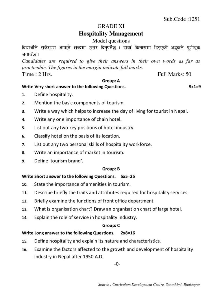 Class 11 Hospitality Management Model Question