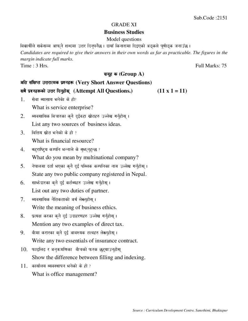215 Business Studies Class 11 Model Question page 001