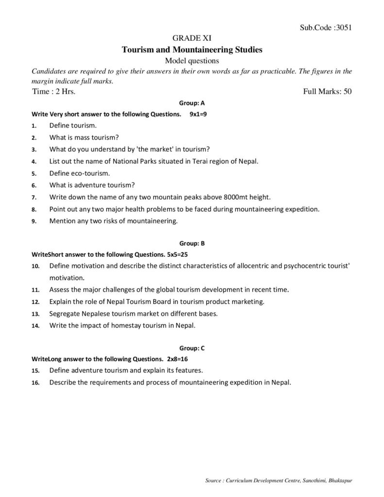 305 Tourism and Mountaineering Studies Class 11 Model Question page 001