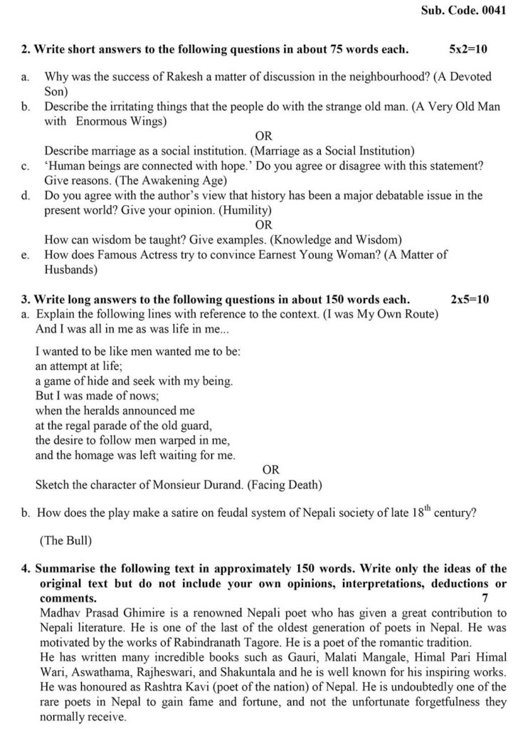 Class 12 English Model Question 2080