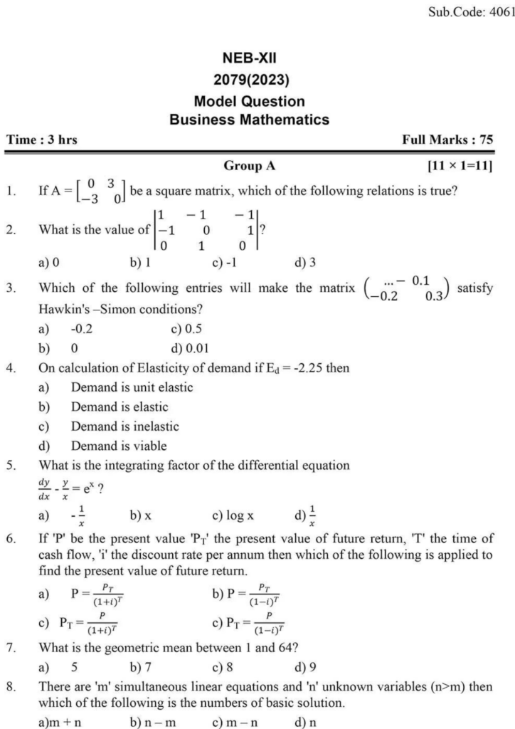 NEB Class 12 Math Model Question 